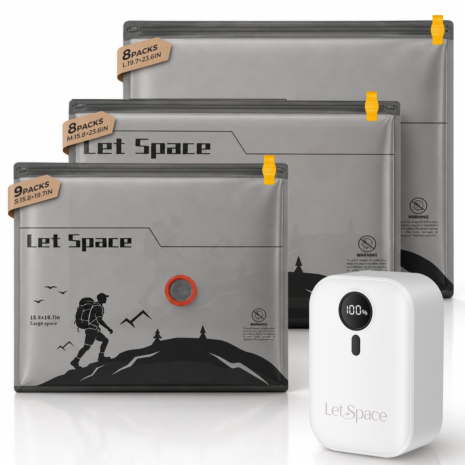 Photo 1 of LetSpace Vacuum Storage Bags with Electric Pump,Covers -60kPa Vacuum Seal Bags for Clothing Devices, Travel Bags with Portable Cordless Pump Included, Compatible with Bags 25 Combo Set
