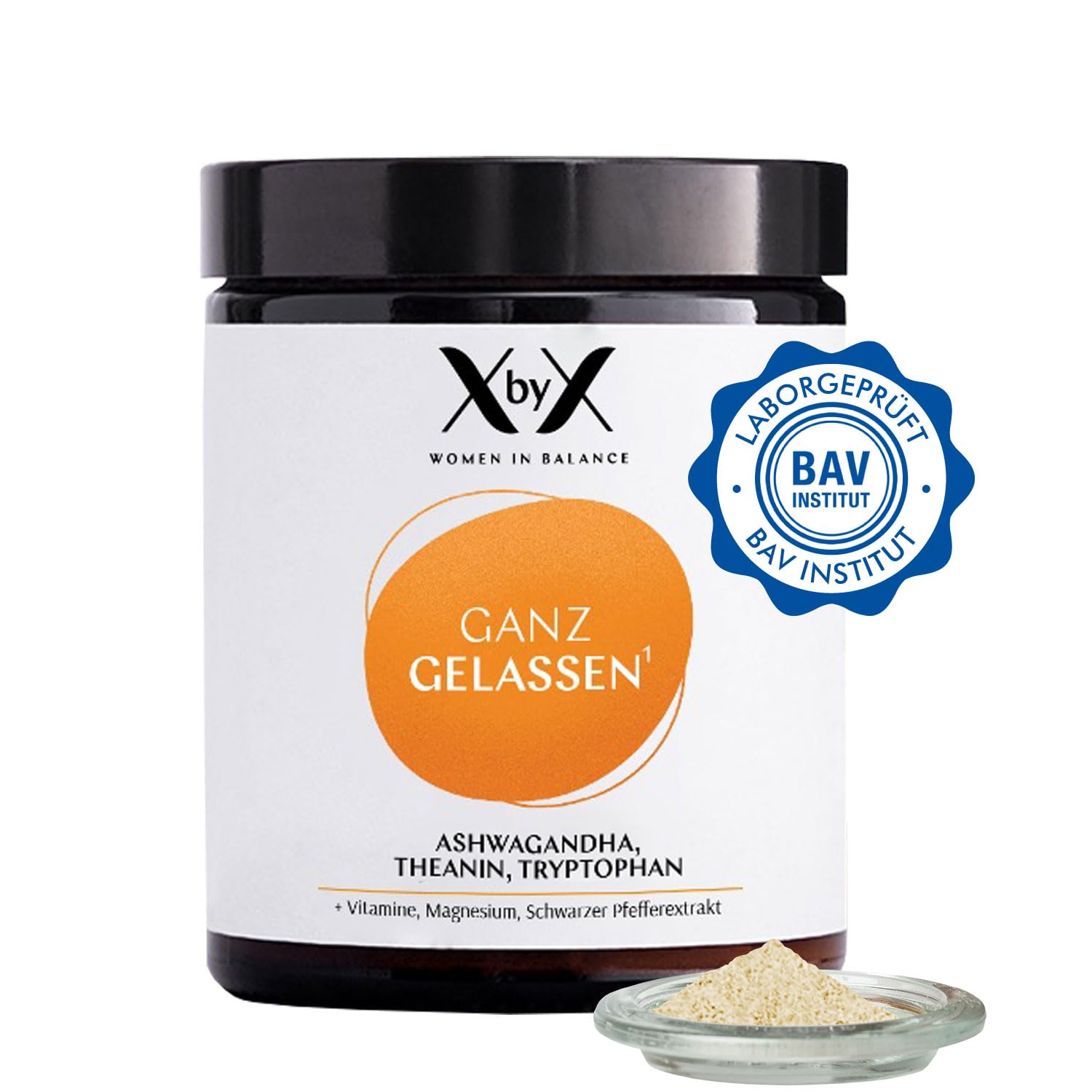 XbyX® Ganz Gelassen 90 g | 30 Portionen | Für mehr Gelassenheit & mentale Balance im Alltag | Adaptogen Ashwagandha, Tryptophan & Theanin aus Grüntee-Extrakt | Hormonfrei | Ohne Soja | Aus Deutschland