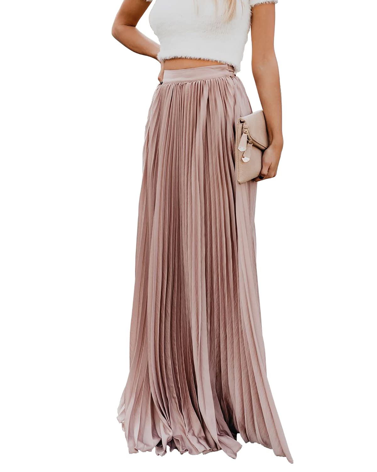 utcoco Elegante Maxi Gonna a Vita Alta Pieghettata Chiffon gonne Lunghe per Le Donne, Rosa, L