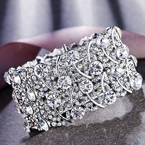 Brilove Women's Wedding Bridal Crystal Cluster Tennis Stretch Bracelet Clear Silver-Tone #TOP3