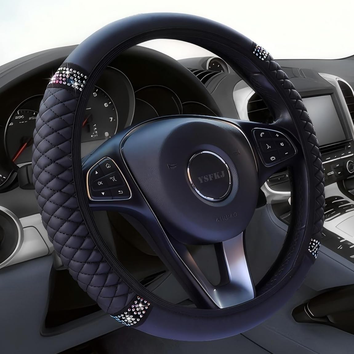Soft Leather Car Steering Wheel Cover, Universal 15 Inch Colorful Rhinestones Anti-Slip Elastic Steering Wheel Covers for Most Cars, Sparkly Crystal Diamond for Women Girls (Black)