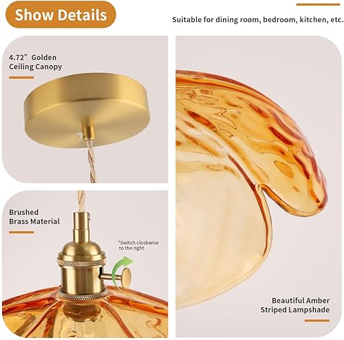 Miniatura 7 de Lámpara colgante moderna de mediados de siglo, cúpula con pantalla de vidrio ámbar de flores, luz colgante de latón, lámpara colgante ajustable