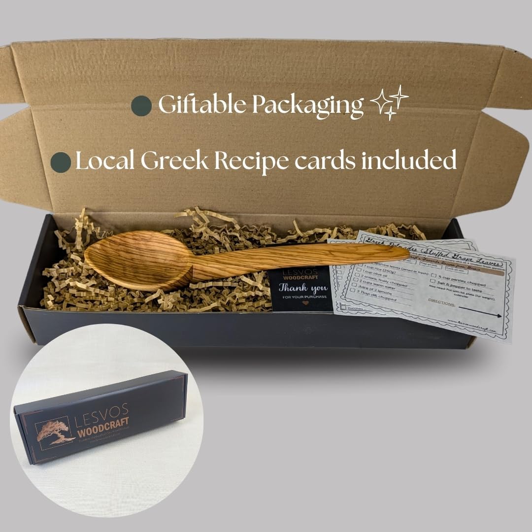 LESVOS WOODCRAFT - Olive Wood Serving Spoon - 10'' Deep Bowl, Artisan Utensil, Fair-Trade, Handcrafted Serving Utensil