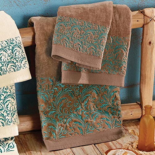 Image of Paseo Road Wyatt 3 Piece Western Rustic Bathroom Towel Set, Mocha Turquoise Southwestern Themed Towels with Scroll Embroidery, Lodge Bath Towel, Hand Towel and Finger Towel