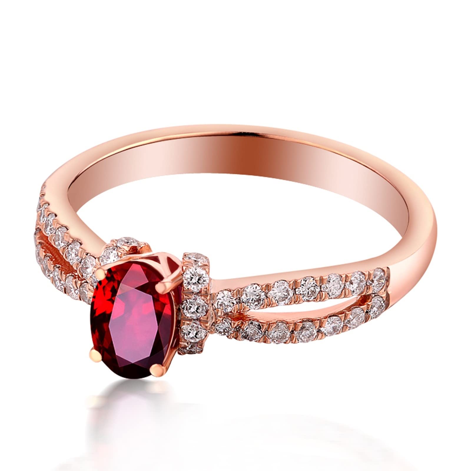 Anillo de mujer vintage, anillos de mujer de oro rosa de 18 quilates de 0,57 ct con diamante y rubí redondos de dos hilos rojos, ovalado, alianzas de compromiso para mujer