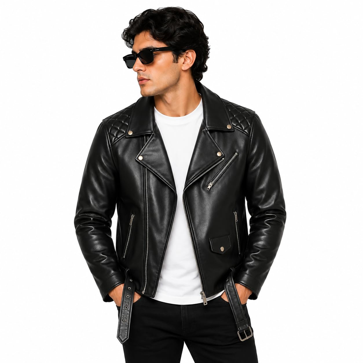 Men's Black Faux Leather Biker Jacket with Quilted Inner Lining, Asymmetrical Full Zip Closure, Lapel Collar, Long Sleeves, Regular Fit, Windproof Motorcycle Jacket for Casual-image-13