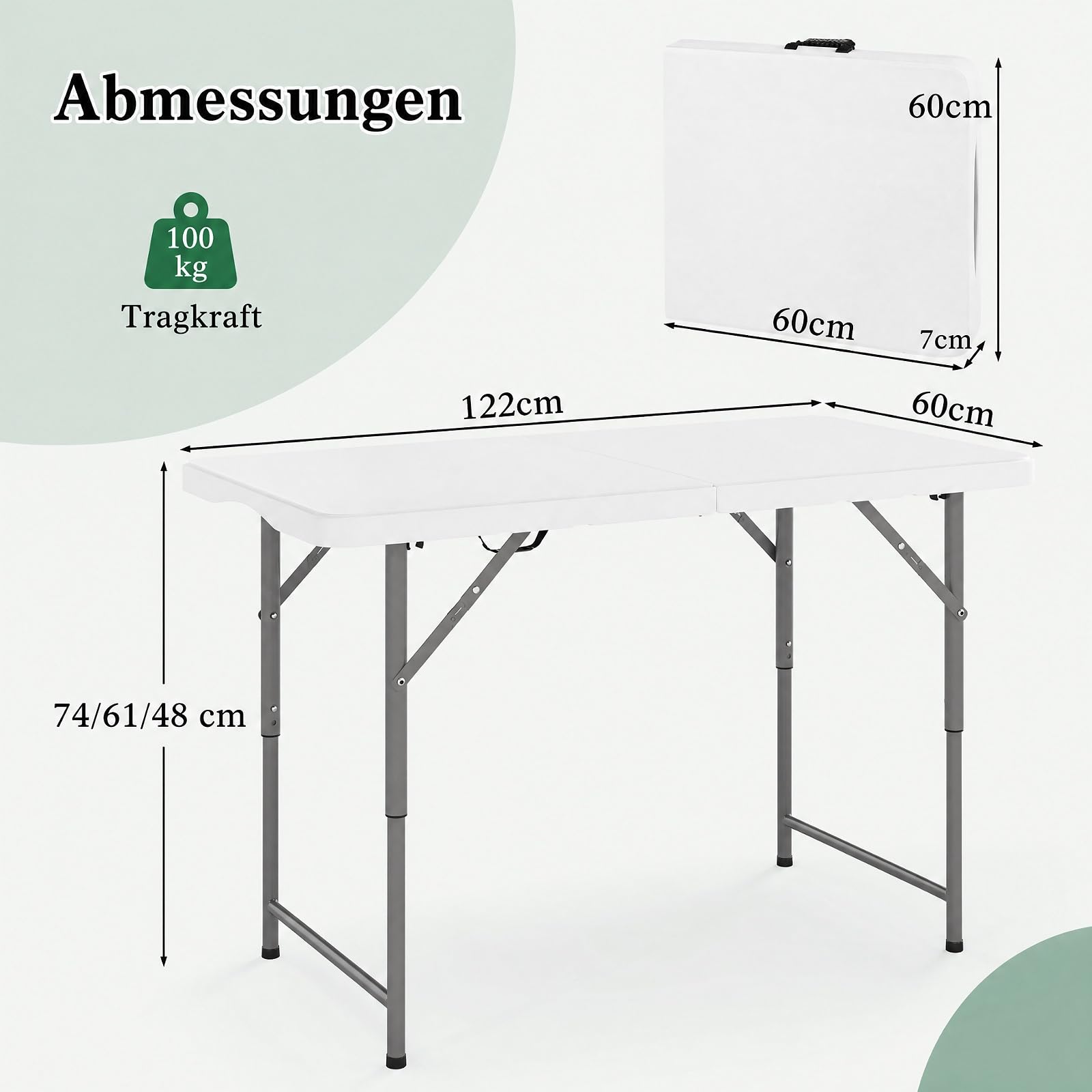 COSTWAY Campingtisch Klappbar Höhenverstellbar, Gartentisch 122x60 cm
