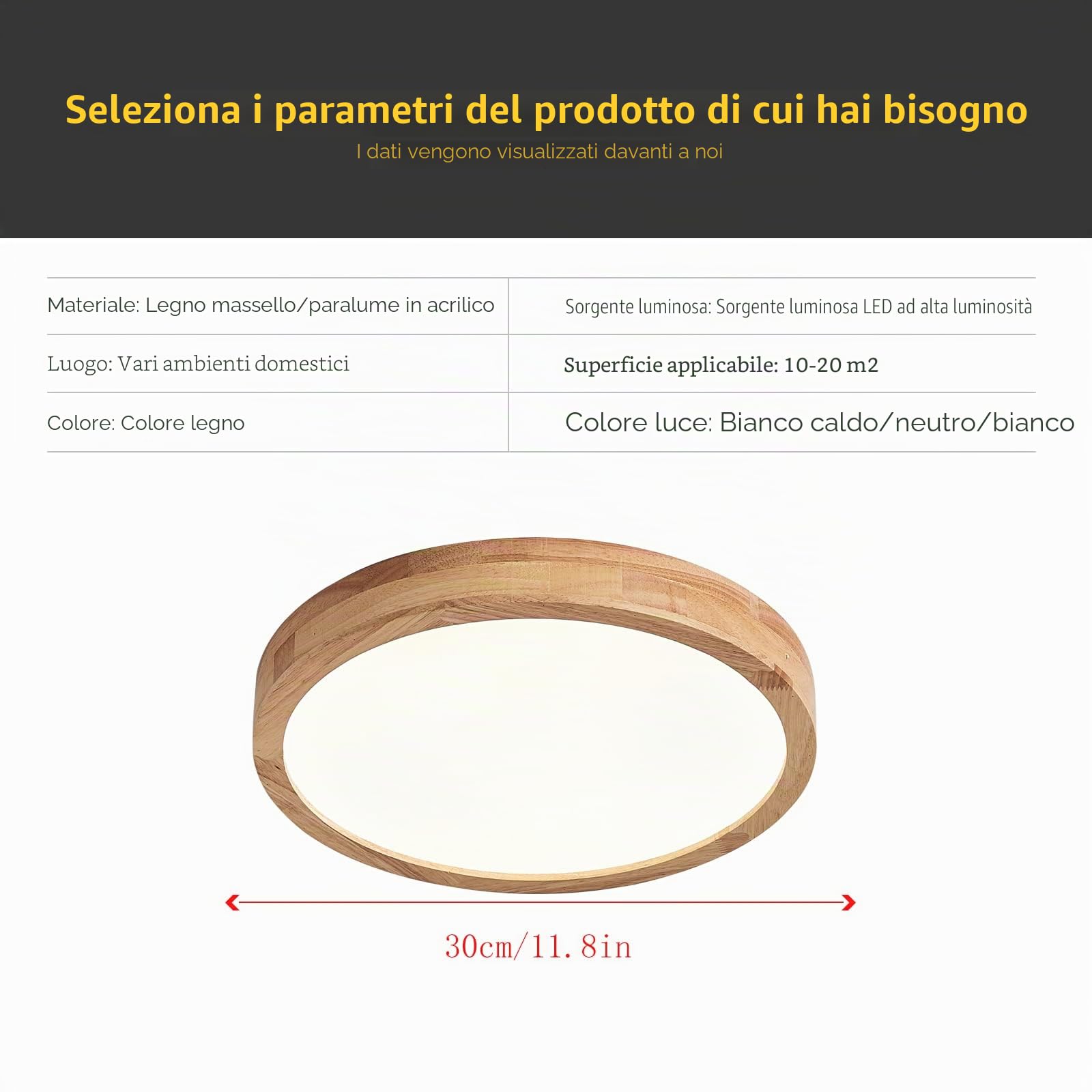 Plafoniera a LED in legno, 21 W, bianco caldo, 3000 K, 1600 LM, luce rotonda in legno, Ø30 cm, per salotto, cucina, sala da pranzo, corridoio, casa, ufficio, camera dei bambini