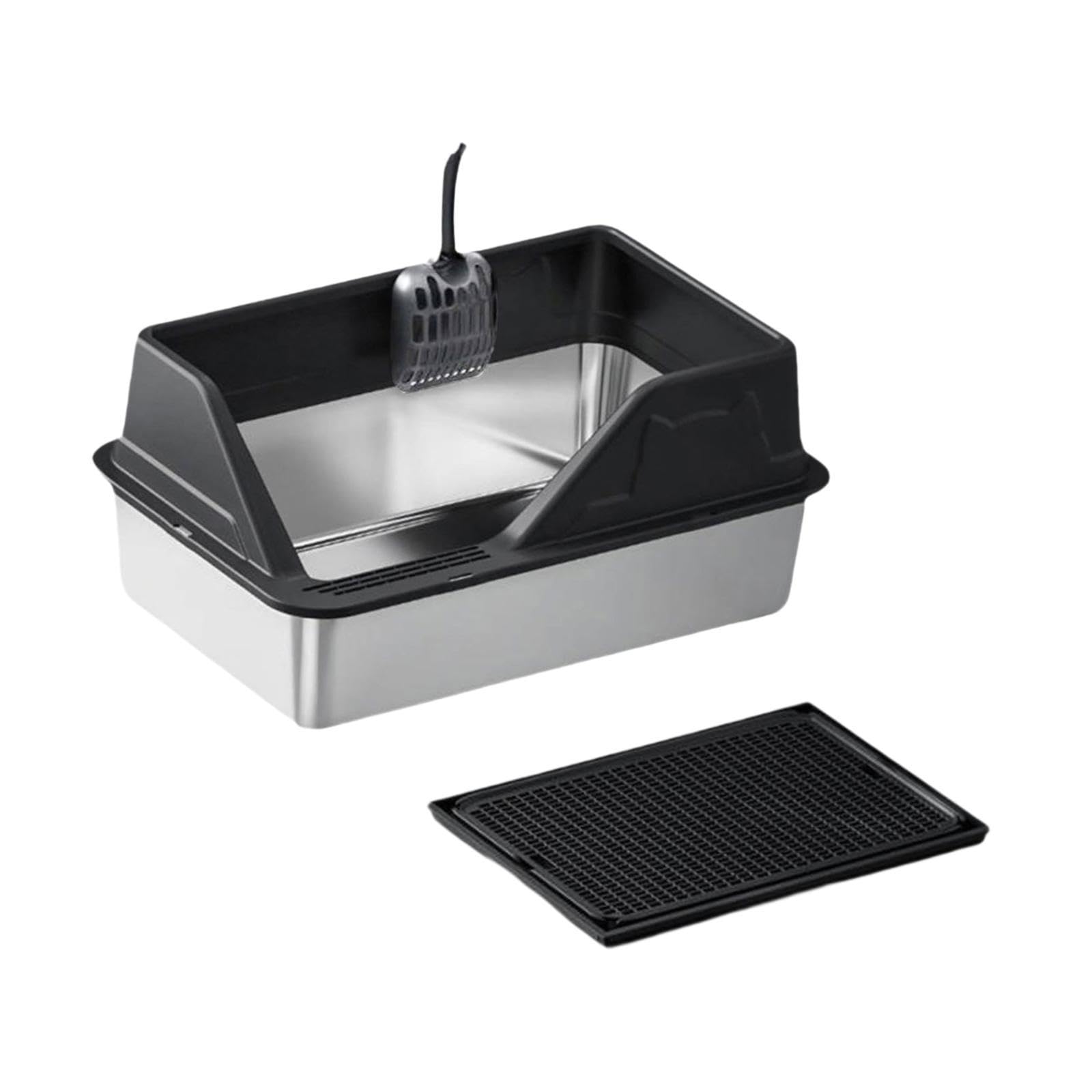 Bandeja de Arena para Gatos con Bordes Altos, Incluye Pala, Arenero Portátil para Gatos, Caja de Arena para Gatitos, Negro