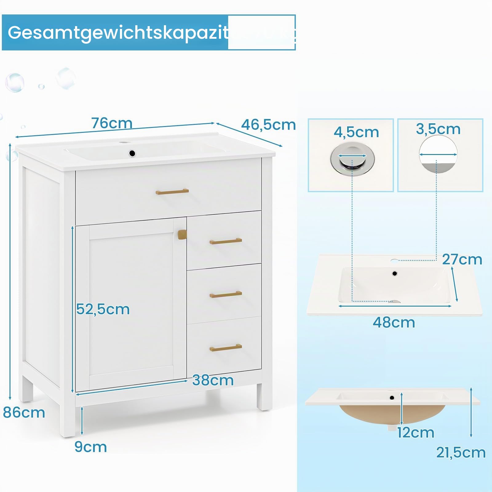 LIFEZEAL Badezimmerschrank mit Waschbecken, Waschbeckenunterschrank mit Keramikspüle, 2 Schubladen und Türen, Waschbeckenschrank Weiß 76 x 46,5 x 86 cm