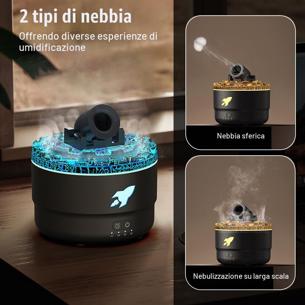Umidificatore, Diffusore Cannone da Aromi con Nebbia di Vulcano Simulato, Umidificatori Ambiente Cannone Silenzioso con 7 Luci Colorate per Casa Ufficio Viaggio