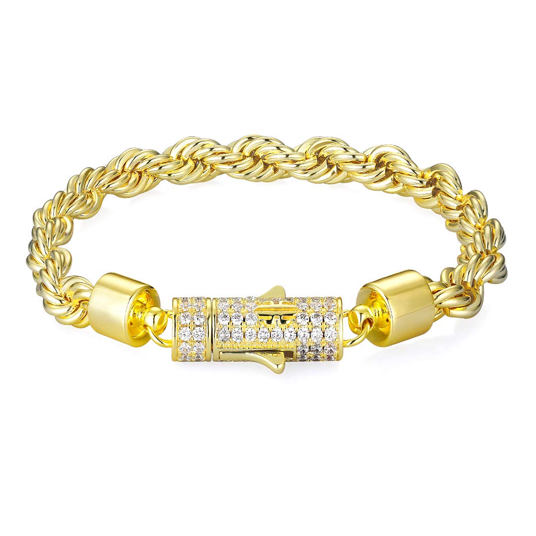 KRKC&CO 14k Gold Chain Bracelets for Men and Women, 6mm Rope Chain Bracelet, Solid No Tarnish Bracelet Durable Urban Street-wear Hip Hop Jewelry 7 8 9 Inches