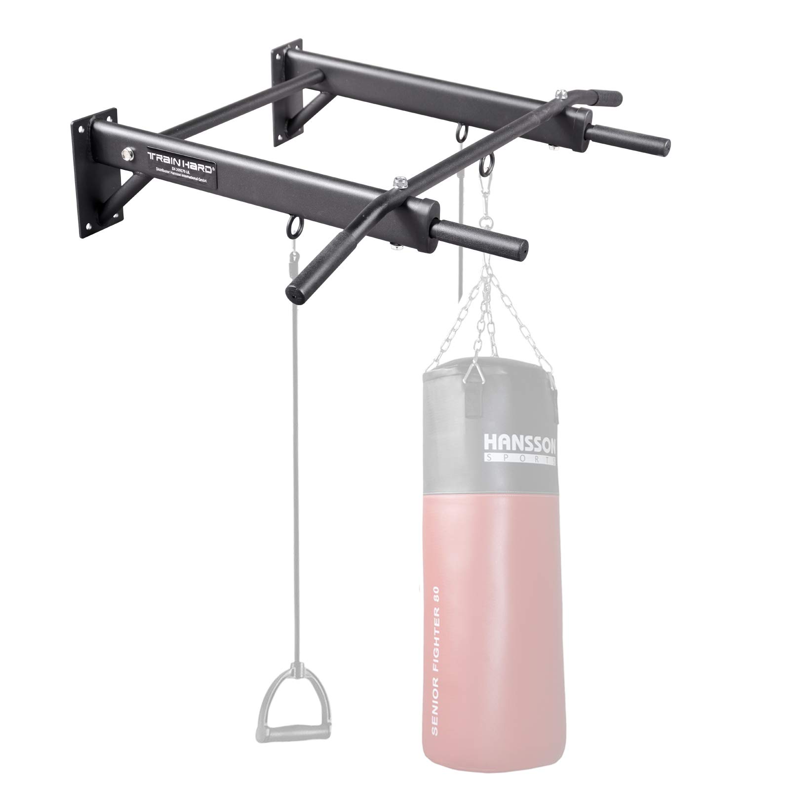 TrainHard® Klimmzugstange Wandmontage bis 350kg belastbar, 3 Ösen für Boxsack, TRX- oder Schlingentrainer, Schwerlast-Dübel und Schrauben zur Montage