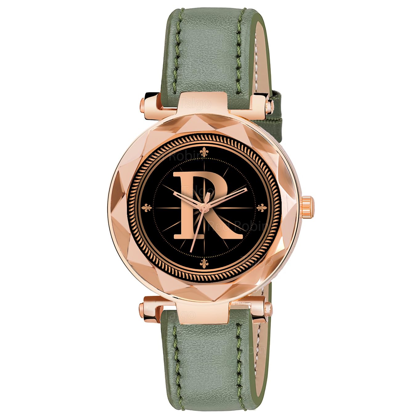 Sky Mart Analog Round Black Dial Alphabet R Design Stylish Green Leather Strap Classic Design Fancy Wrist Watch for Women and Girls, Pack of 1 – Alpha-R-GEN-RG-GRN-L