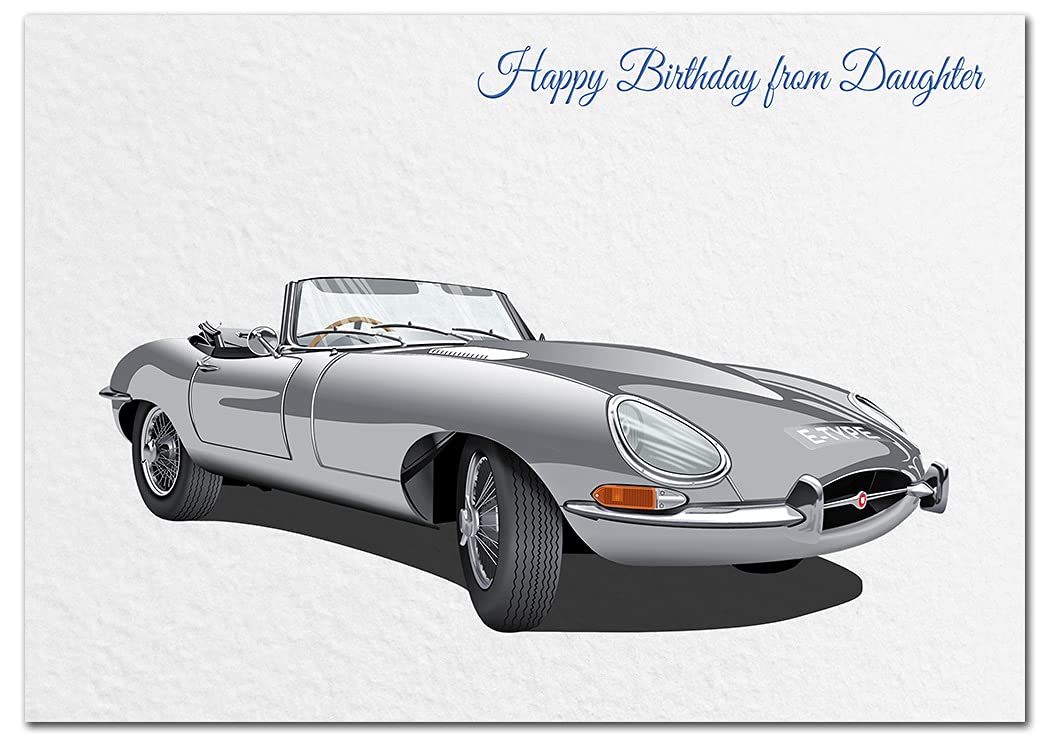 Extra Large Daughter Birthday Card - XL Big thick A4 size - Special Traditional Bday Greeting Men Him - Unusual Cool Classic E-Type Jag Car Driver Art - Huge Happy Wishes - UK Eco-Friendly
