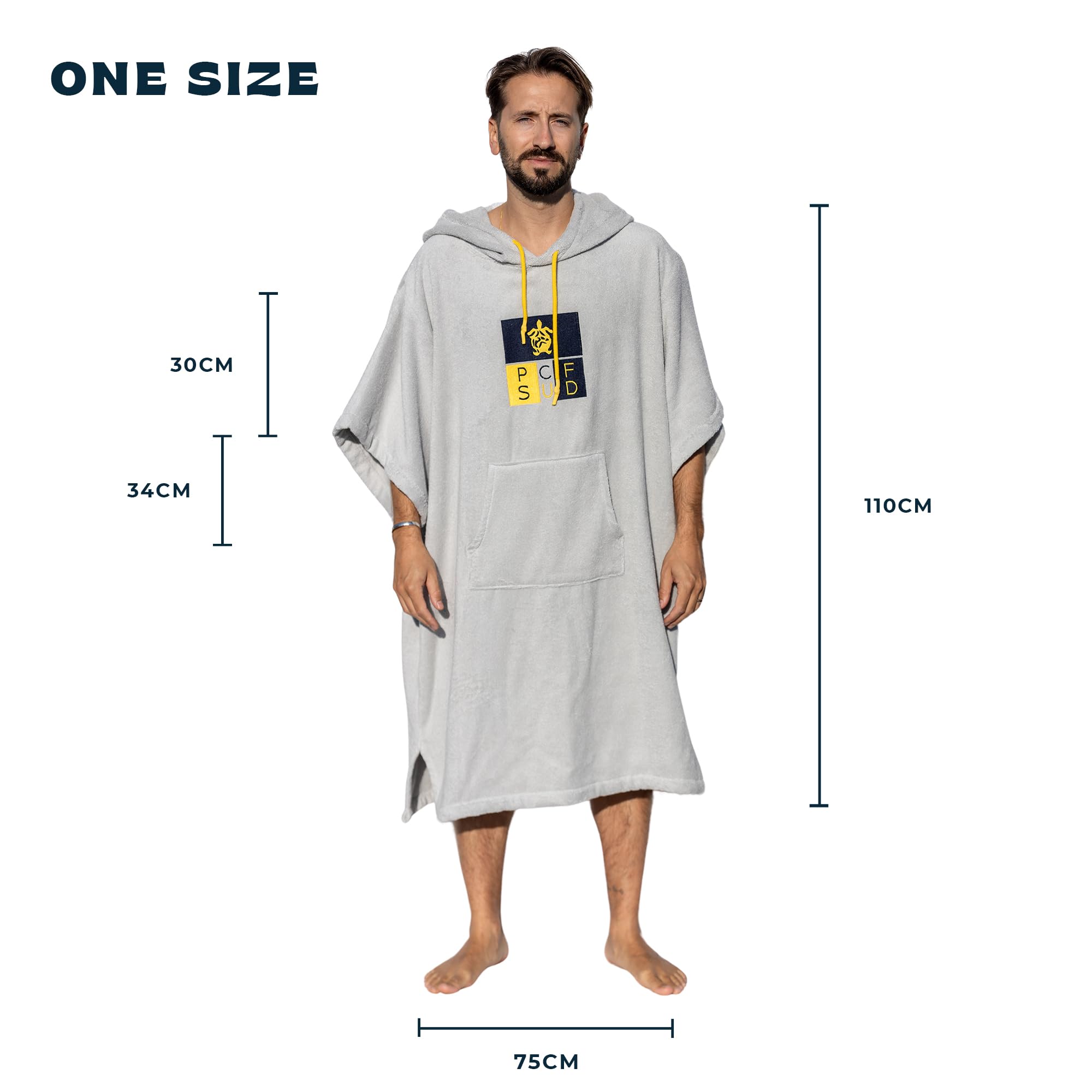 Poncho Surf Jasnoszary z rękawami - Jeden rozmiar - 100% Bawełna Premium - Wyprodukowano w Portugalii