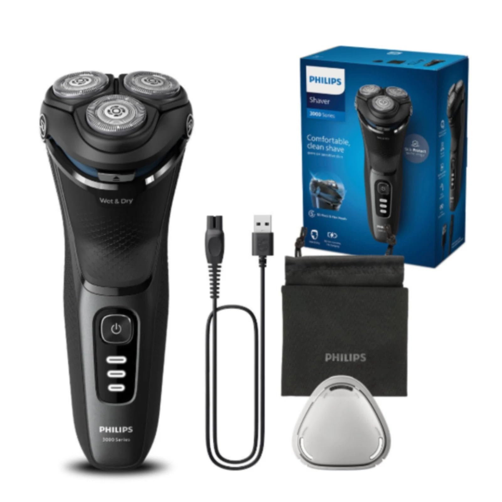 Philips S3244/12 Wet & Dry Electric Shaver, Rechargeable, 5D, Pivot & Flex Heads Power Cut Blades Series 3000 Travel Pouch and Pop-up Trimmer