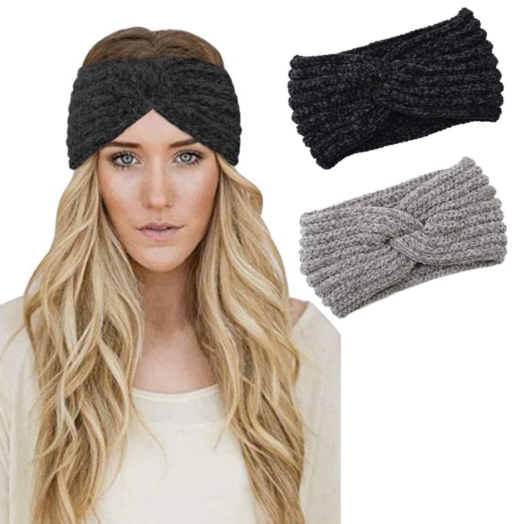 Winter Knit Headbands Thick Chenille Ear Warmer Headband Black Elastic Twist Hair Band Gray Crochet Knitted Head Wraps for Women and Girls (Pack of 2)