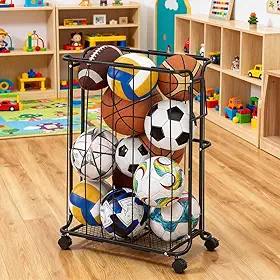 Carrinho Organizador de Bolas com Rodas para Garagem, Armazenamento de Equipamentos Esportivos, Basquete, Futebol, Vôlei