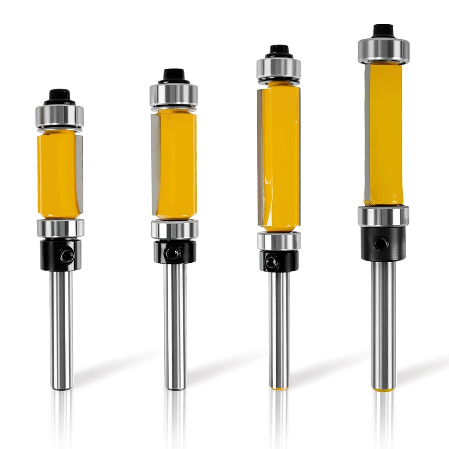 4PCS Flush Trim Router Bit Set 1/4 Shank Top and Bottom Bearing Flush Trim Router Bits, 1/2 Inch Cutting Diameter, 3/4", 1", 1-1/4", 1-1/2" Cutting Length