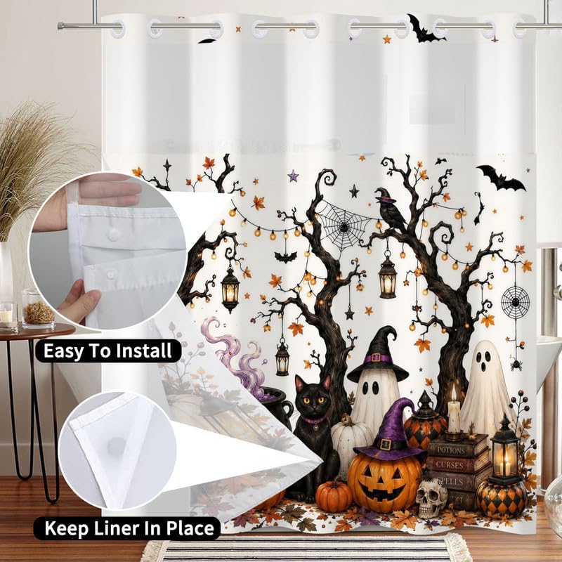 No Hook Halloween Spooky Ghost Pumpkin Shower Curtain with Snap in Liner