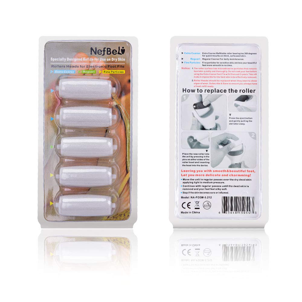 NEFBENLI2 Extra Coarse & 1 Reguarl & 2 Fine Particles Pure White Color Replacement Roller Refill Heads/Accessories of Callous Remover - 5 Pack Compatible with Amope Pedi Pefect Electronic Foot File