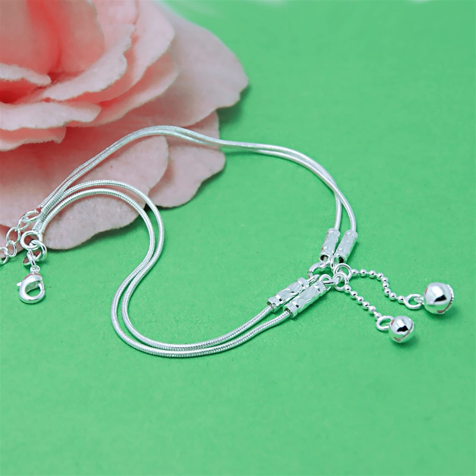 Cavigliere Moda Ragazza carina Cavigliere a campana Donne Cavigliere a catena in argento sterling 925 Cavigliere a catena doppia contratta Cavigliere da 27 cm Cavigliere da donna