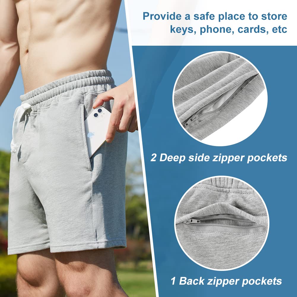 NIMENJOJA Męskie spodenki sportowe 14 cm na siłownię bawełniane joggery treningowe Lounge Jersey spodenki dresowe z kieszenią na zamek błyskawiczny