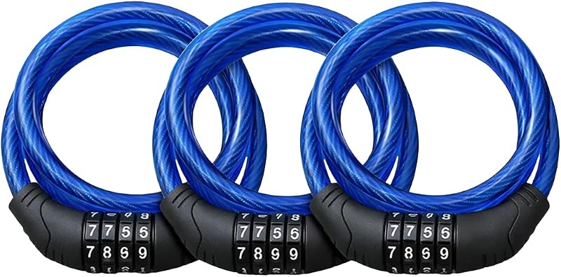 Paquete de 3 cables de candado para bicicleta, candado de combinación reajustable de 4 pies, acero de 8mm para bicicletas, scooters, puertas, uso en exteriores, azul