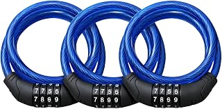 Paquete de 3 cables de candado para bicicleta, candado de combinación reajustable de 4 pies, acero de 8mm para bicicletas, scooters, puertas, uso en exteriores, azul