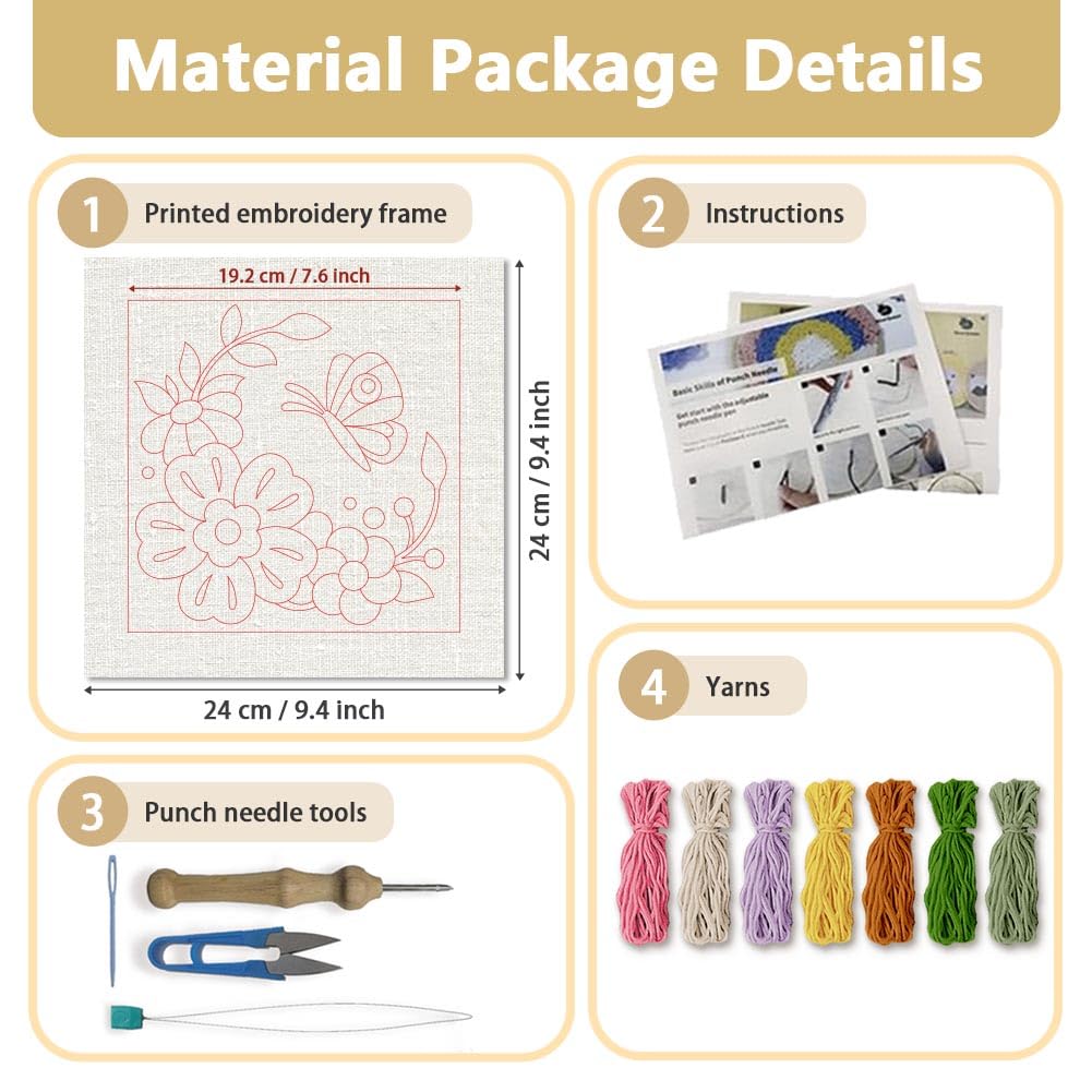 DOODLREAM DIY Punch Needle Embroidery Kit for Adult Beginner 24cm Flower and Butterfly Punch Stitching Craft Set for Starter with Frame Fabric Pattern - Image 2