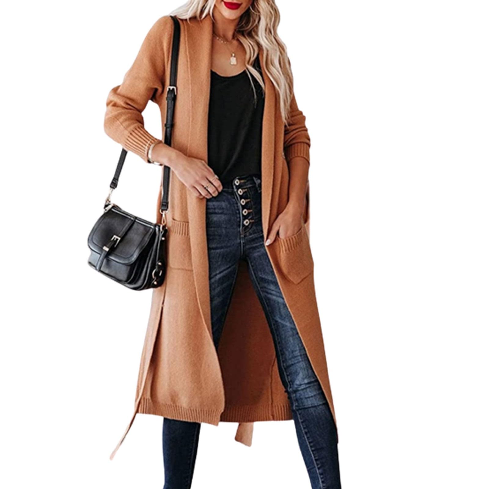 Cárdigan para mujer, cárdigan largo de punto con cinturón, cuello en V, manga larga, informal, cómodo, elegante, con frente abierto, cómodo, abrigo de punto