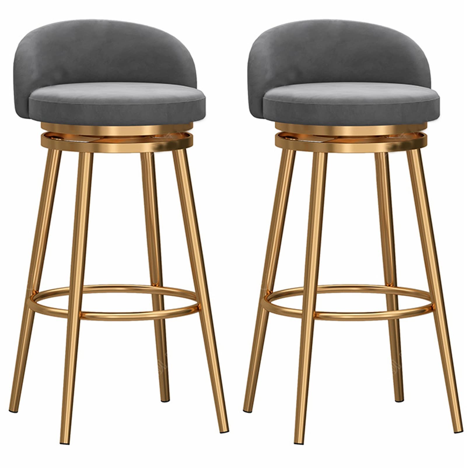 AYCDL 2pcs 360° Swivel Barstools Counter Height Stool Bar Stools, Velvet High Bar Chairs with Backrest and Footrest, Upholstered Stools for Kitchen Island,Gold Gray-65cm