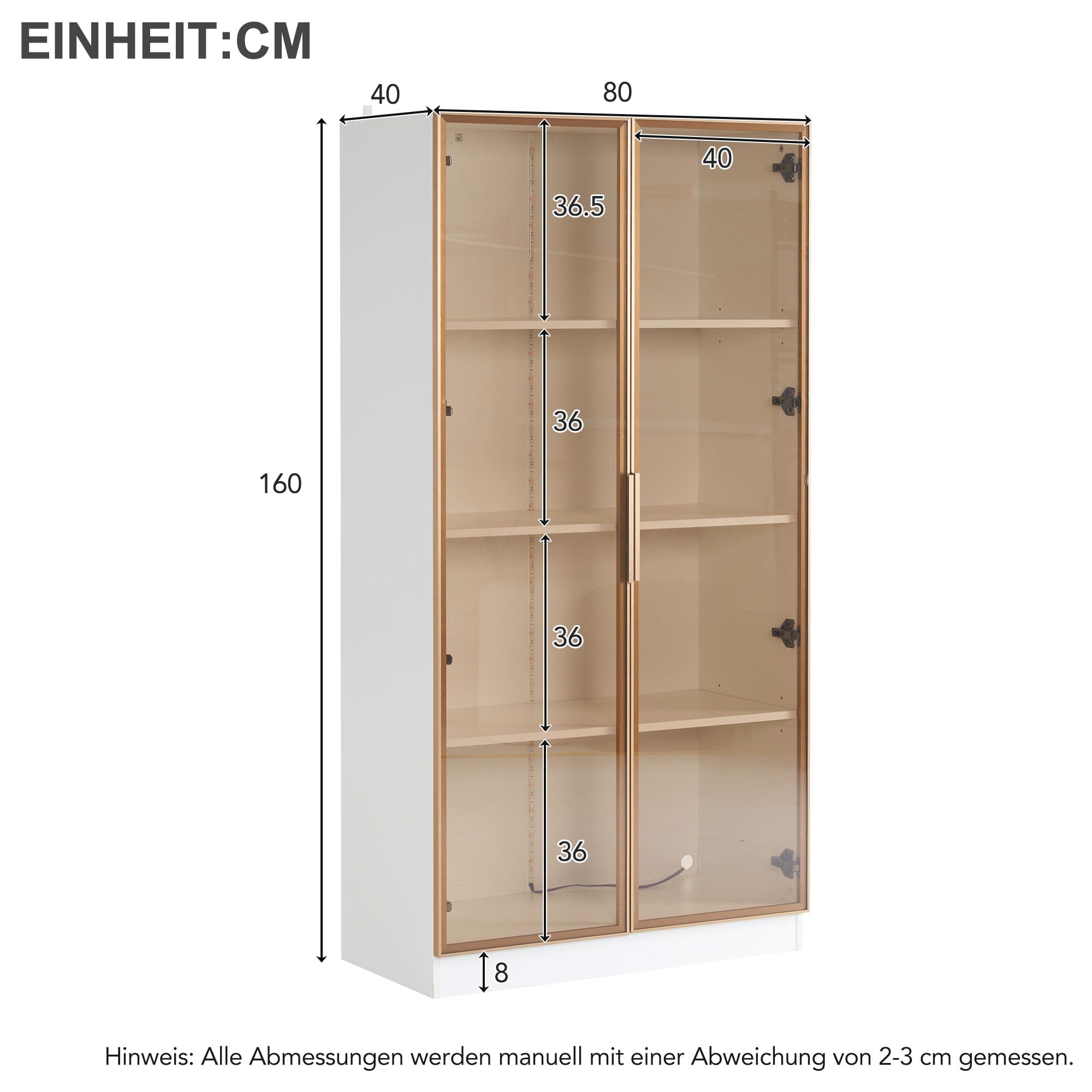 Rtopsu Vetrina Espositiva in Vetro Bianco con Illuminazione a LED a 16 Colori per Collezionismo, Vetrina con 2 Ante e Ripiani Mobili, Libreria Armadio Alto per Soggiorno Camera da Letto, 160x80x40 cm