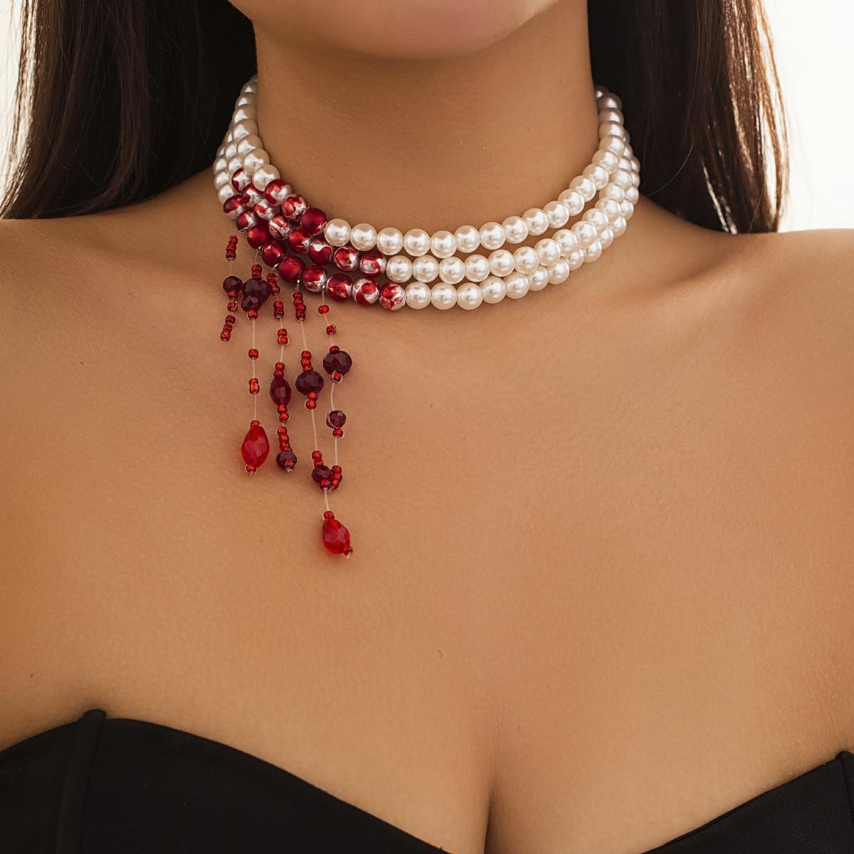 Halloween Dripping Blood Faux Pearl Necklaces for Women Red Blood Drops Vampire Witch Choker Necklace Gothic Pearl Layered Necklace Halloween Prom Vampire Costume Accessories - Image 2