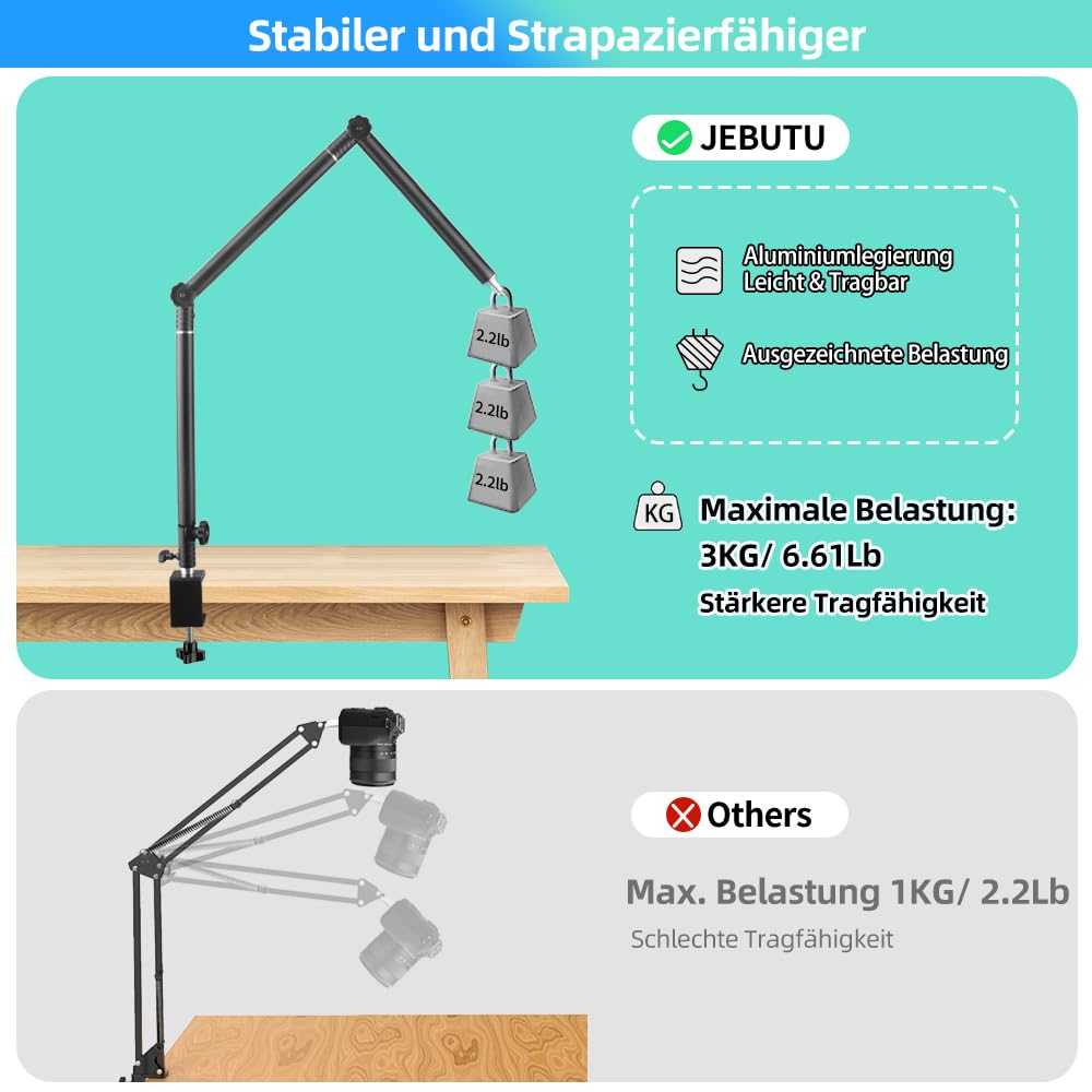 MS05 Kamera Tischstativ Overhead Stativ mit 1/4" Kugelkopf, Klemmstativ Flexibel Gelenkarm Tisch Halterung für Kamera, Ringlicht, Webcam, Projektor, Max. Belastung 3 kg