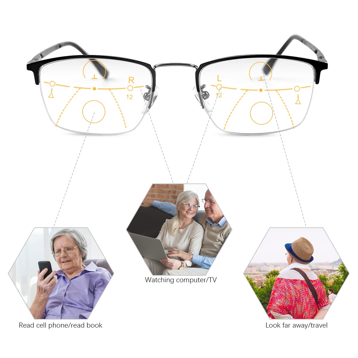 MIRYEA Zawiasy sprężynowe, fotochromowe, progresywne, wieloogniskowe, okulary do czytania, niebieskie blokowanie światła, okulary wieloogniskowe, czarny, 3.5