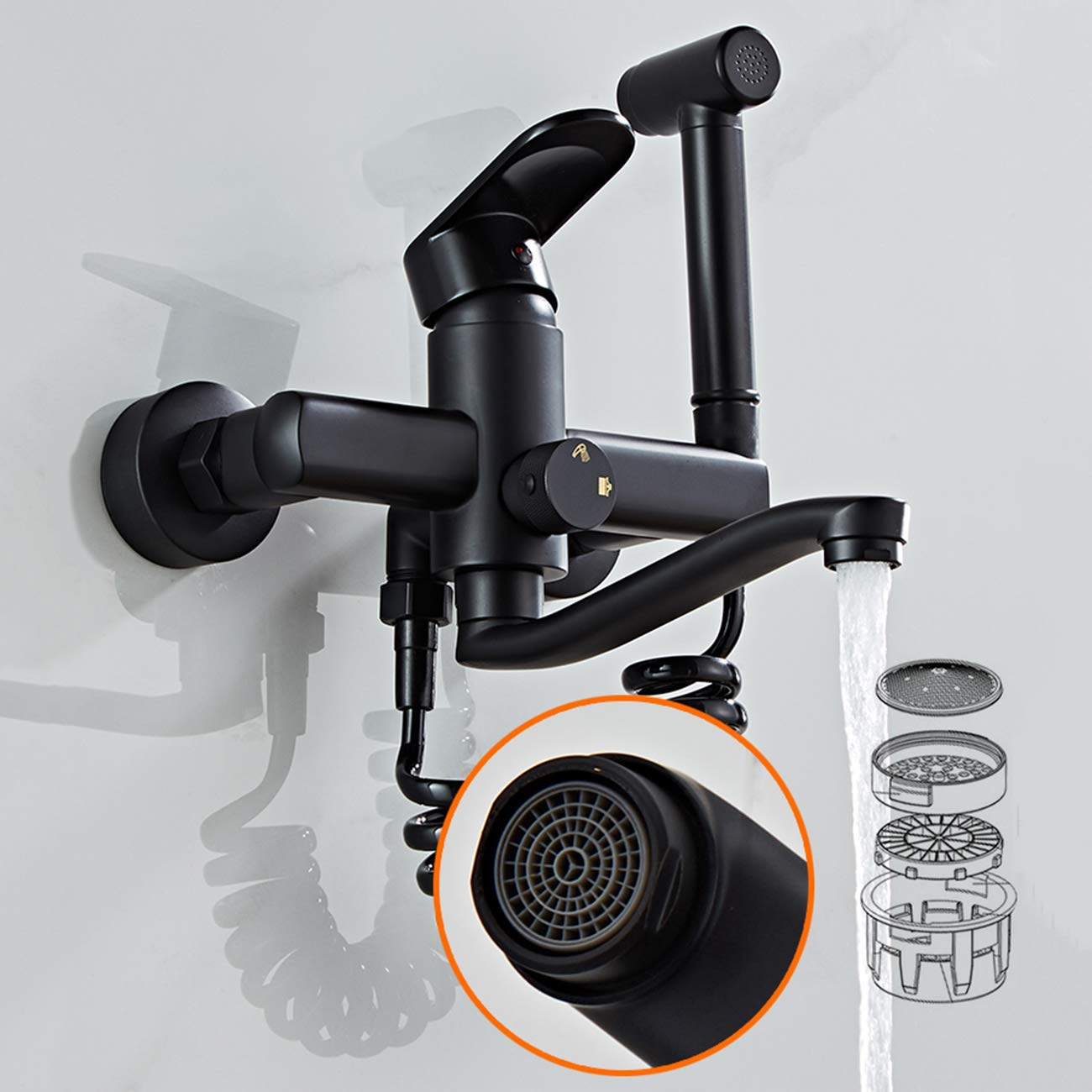wasserhahn küche wandmontage schwarz,Mit Spritzpistole, Wasserhahn Wand Schwenkbarem 360°-Auslauf,Einfache Montage Küchenarmatur Wandmontage (20CM)