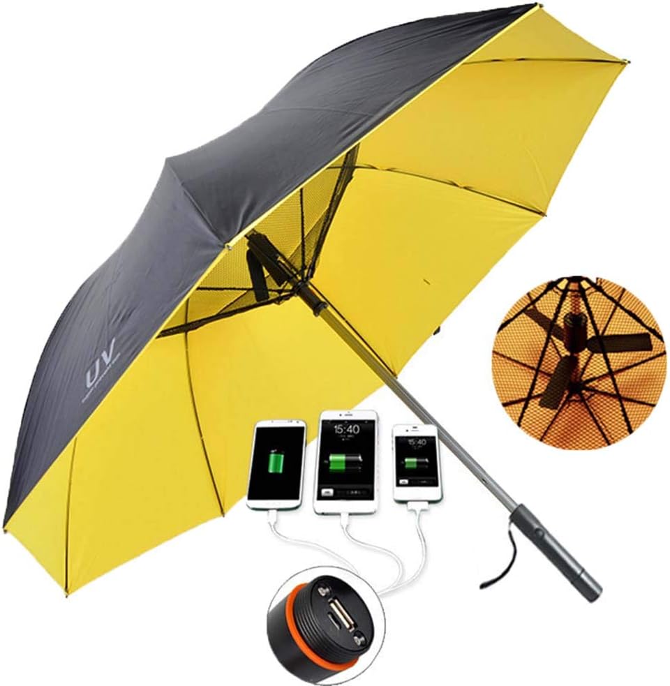 WYFC 3in1 Folding Straight Shank Umbrella with Built-In Fan,UV and rain usb Charging,D