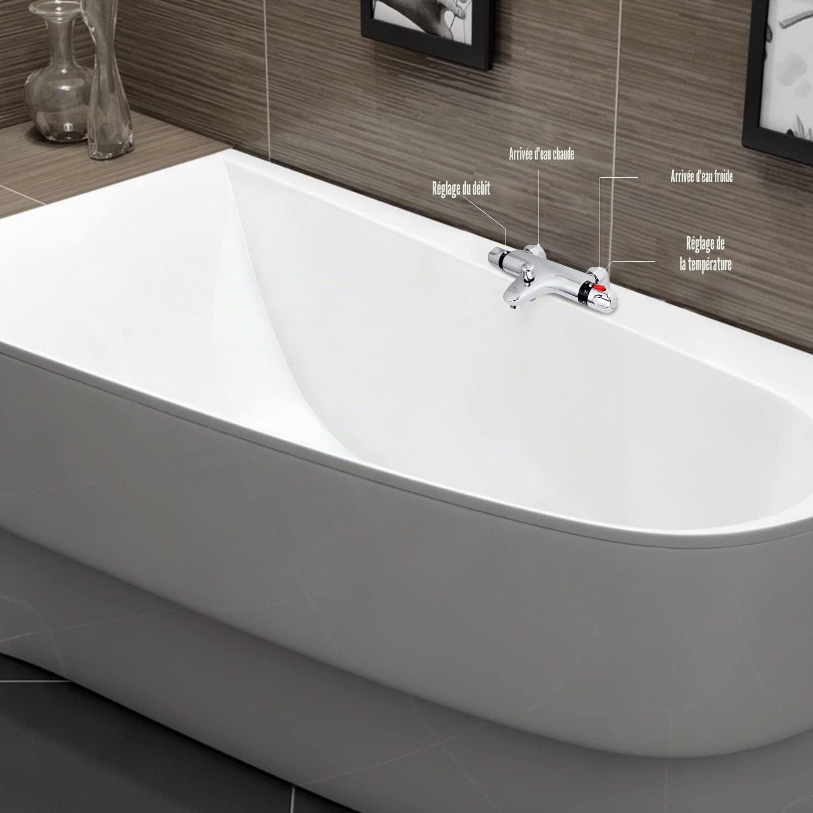 Mitigeur Thermostatique de Douche, Uten Mitigeur Baignoire Thermostatique, Raccord Fileté 1/2", Laiton Robinet Douche pour Salle de Bain avec 38°C Bouton de Sécuri