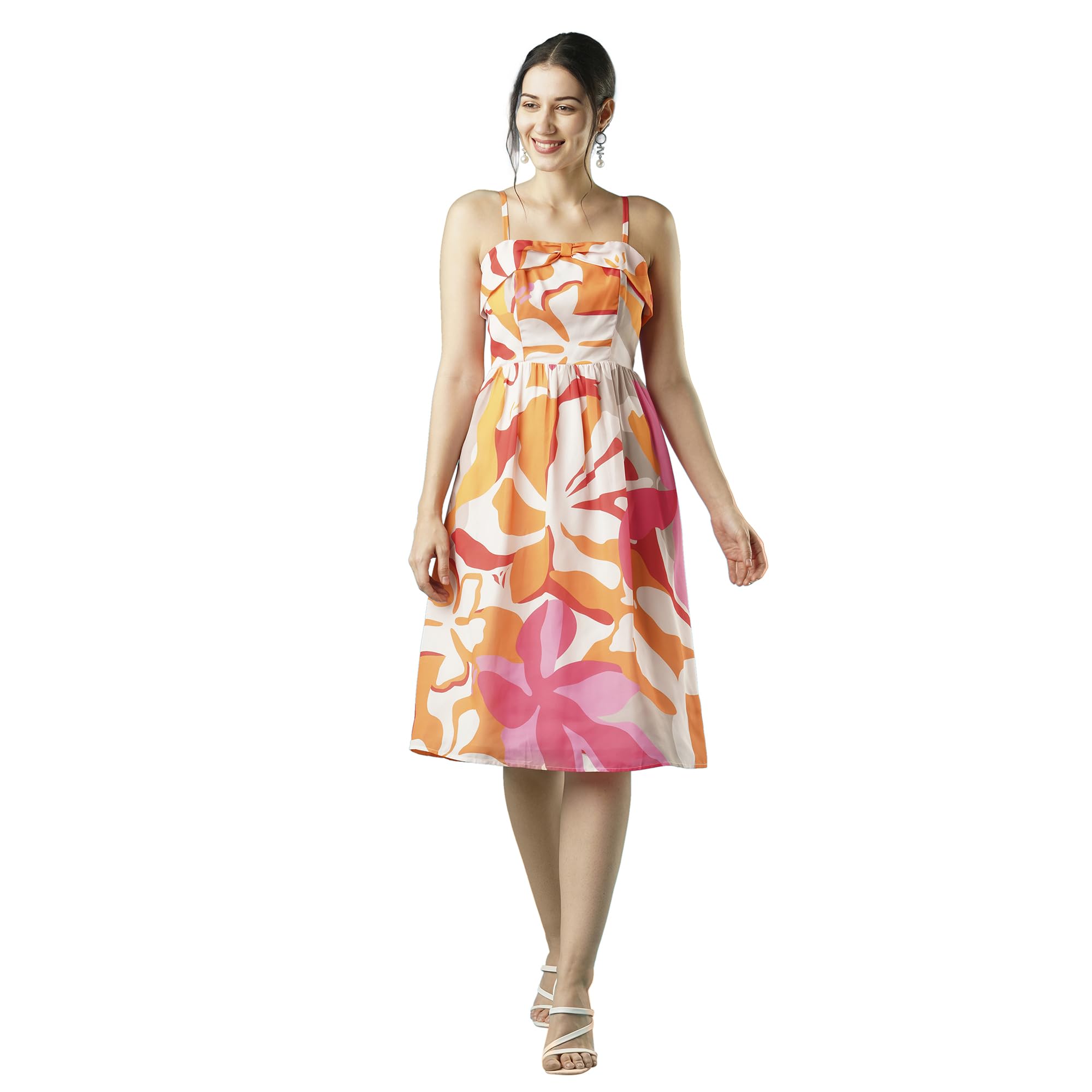 globus Women Floral Print Square Neck Shoulder Straps Bow Design Panelled Fit & Flare Midi Dress-picture-27