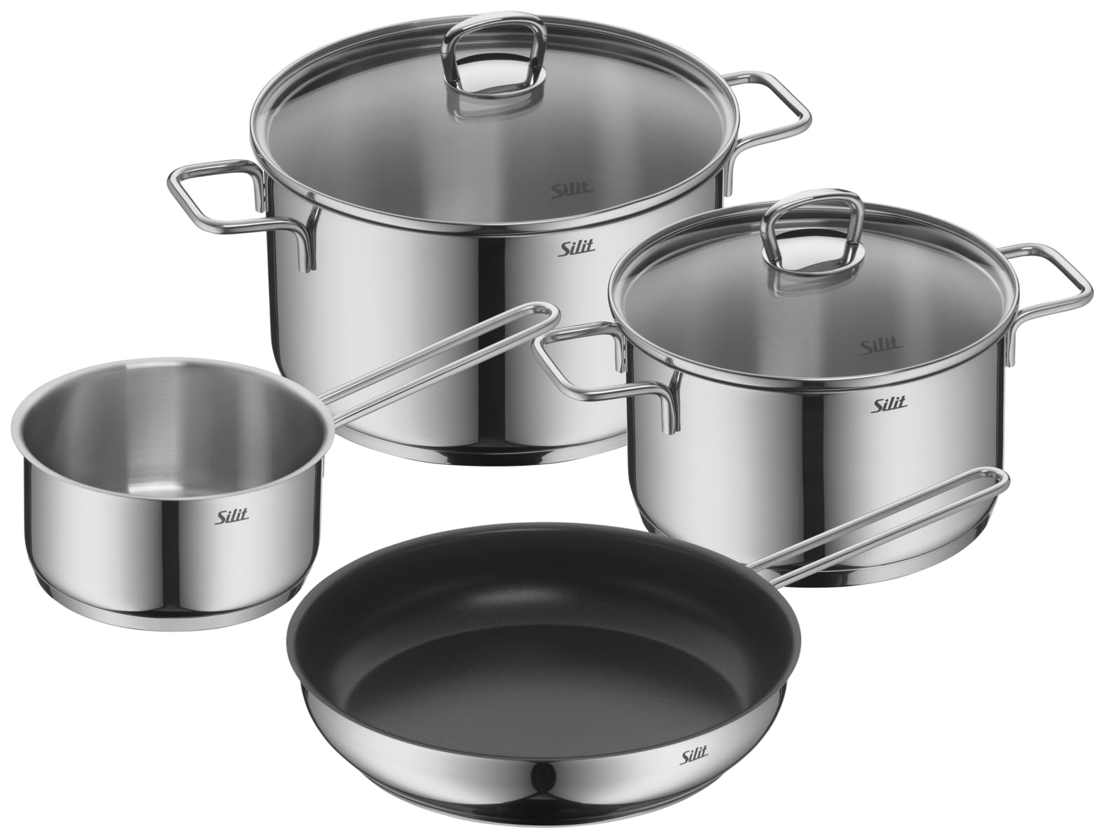 Silit Alicante Topfset Induktion 4-teilig, Topf und Pfannenset, Kochtopf Set mit Glasdeckel, Edelstahl poliert, Induktions Töpfe Set unbeschichtet