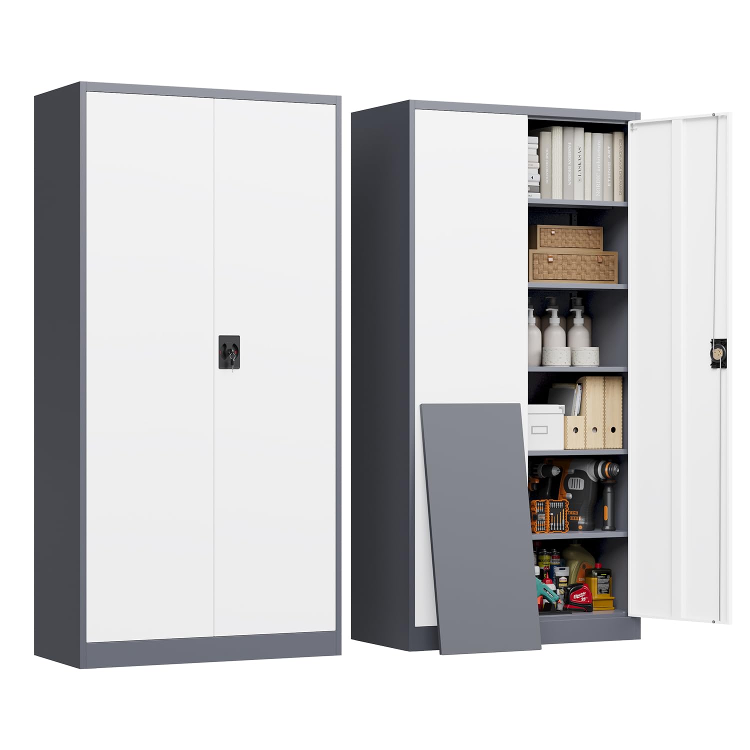 LISSIMO Metal Cabinet,Locking Storage Cabinet with 2 Doors and 5 Adjustbale Shelves,72" Tall Tool Steel Cabinets for Garage,Home Office,School,Gym(