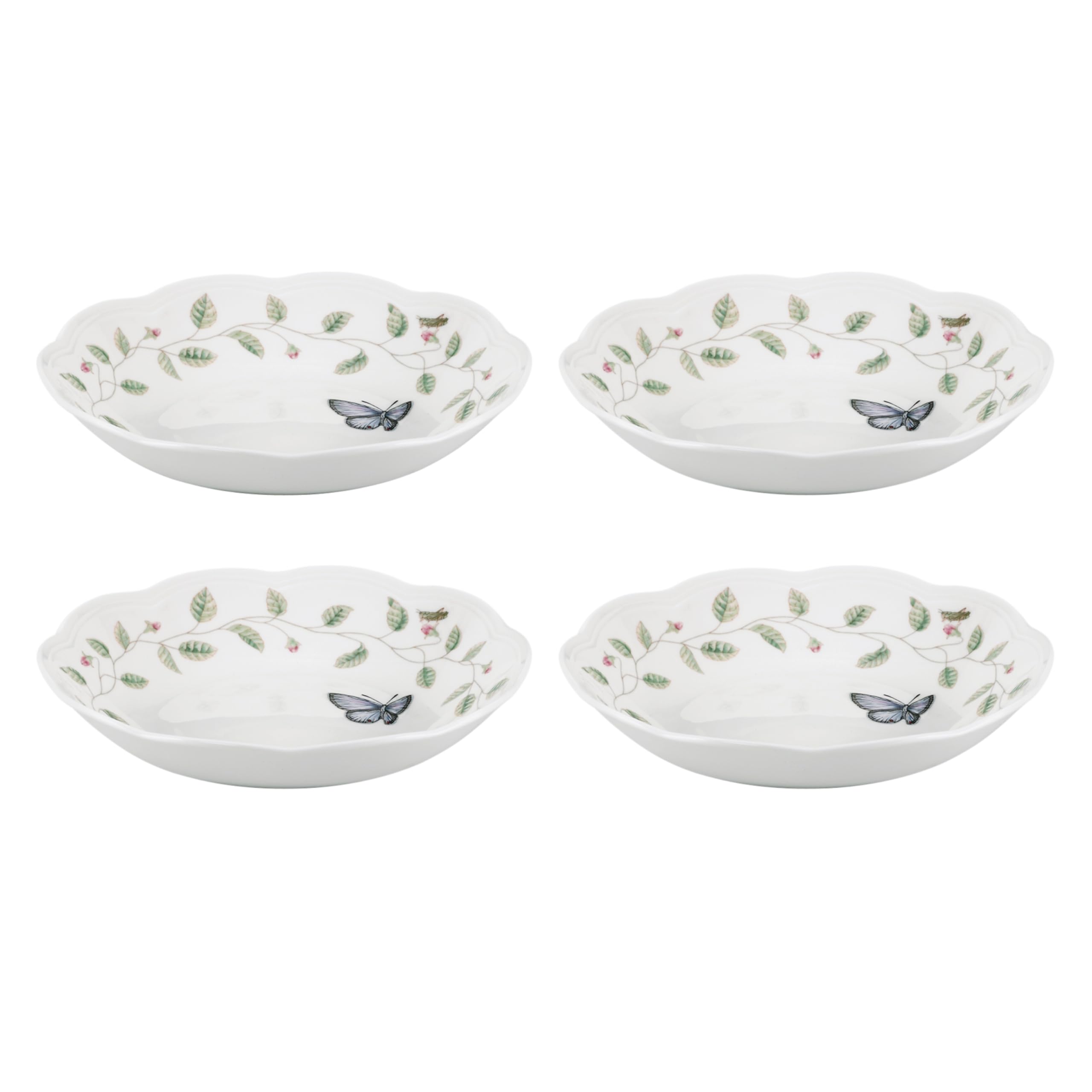 Lenox Pasta Bowls, 20oz Butterfly Meadow Pasta Bowl Set of 4, Service For 4, Porcelain, White Serving Bowls, Wide, Shallow, Lenox Butterfly Meadow Collection, Dishwasher/Microwave Safe (White 4-Piece)