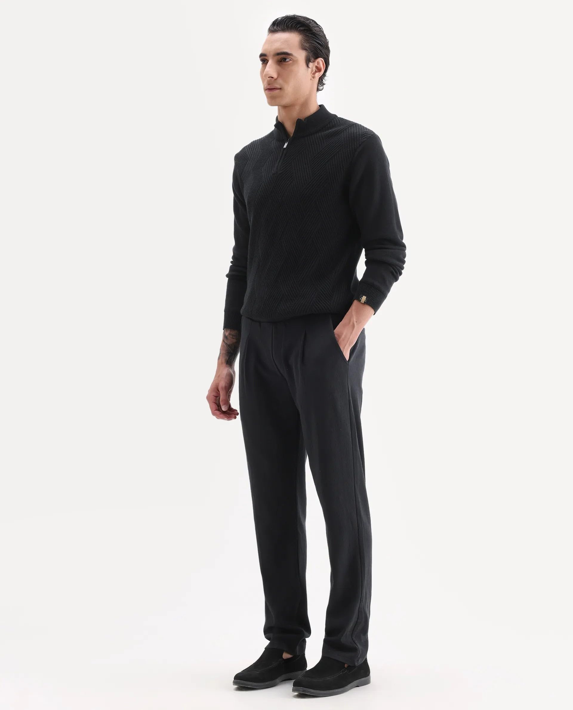 Rare Rabbit Men's Kelo Black Cotton Blend Plain Regular Fit Trouser 1