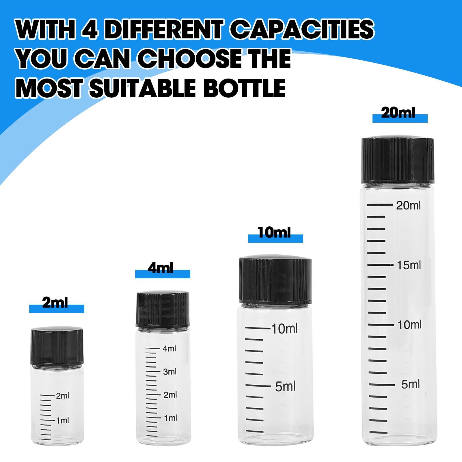 Fiale graduate in vetro trasparente da 20 ml con tappi a vite e tappi in plastica, piccole fiale per campioni con coperchi, fiale vuote a prova di perdite, 50 pezzi