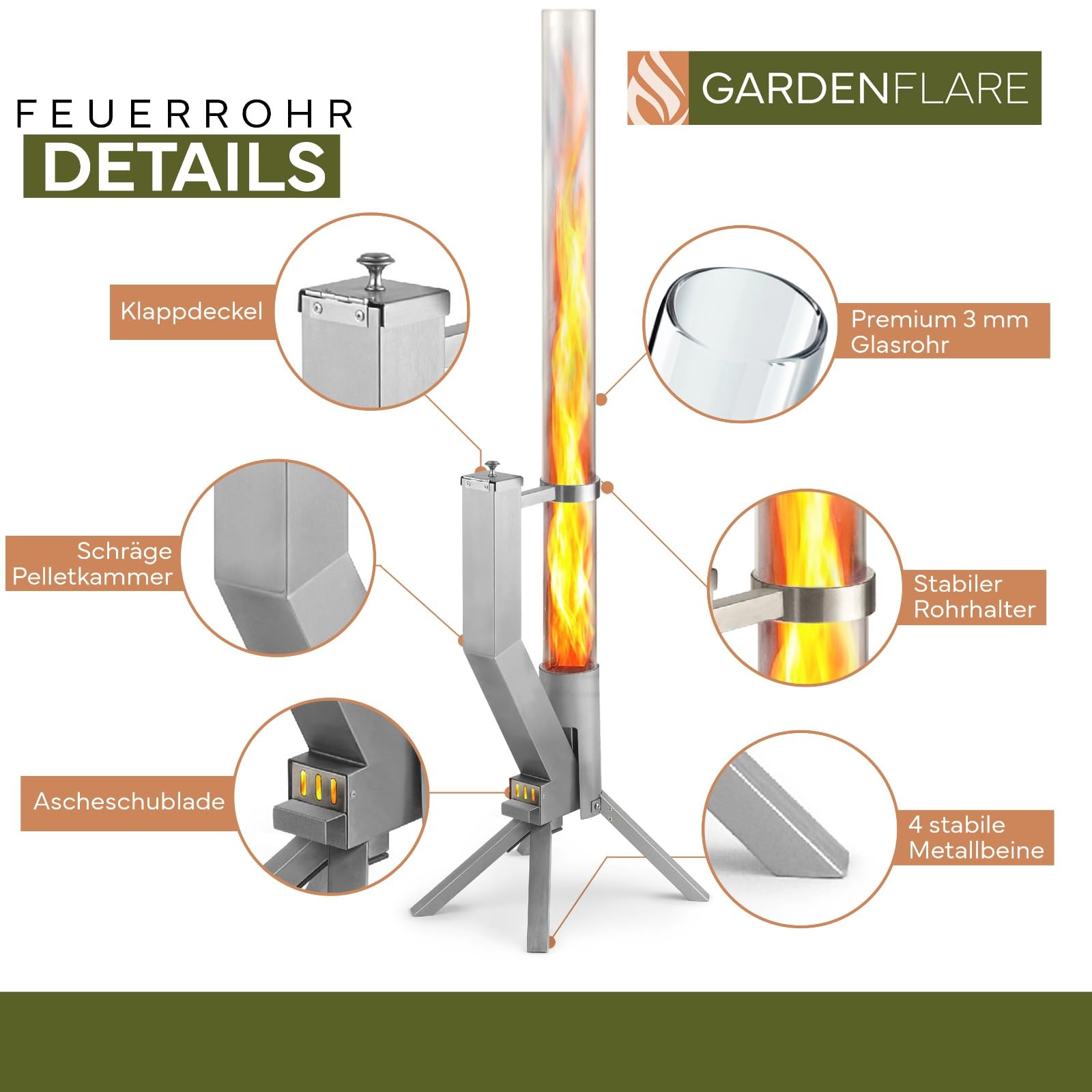 GARDENFLARE Feuerrohr Klassik – Edelstahl Feuersäule und Pelletfackel für tolles Ambiente Feuer – Alternative zu Feuerschale & Gartenkamin für Deine Terrasse (Silber)