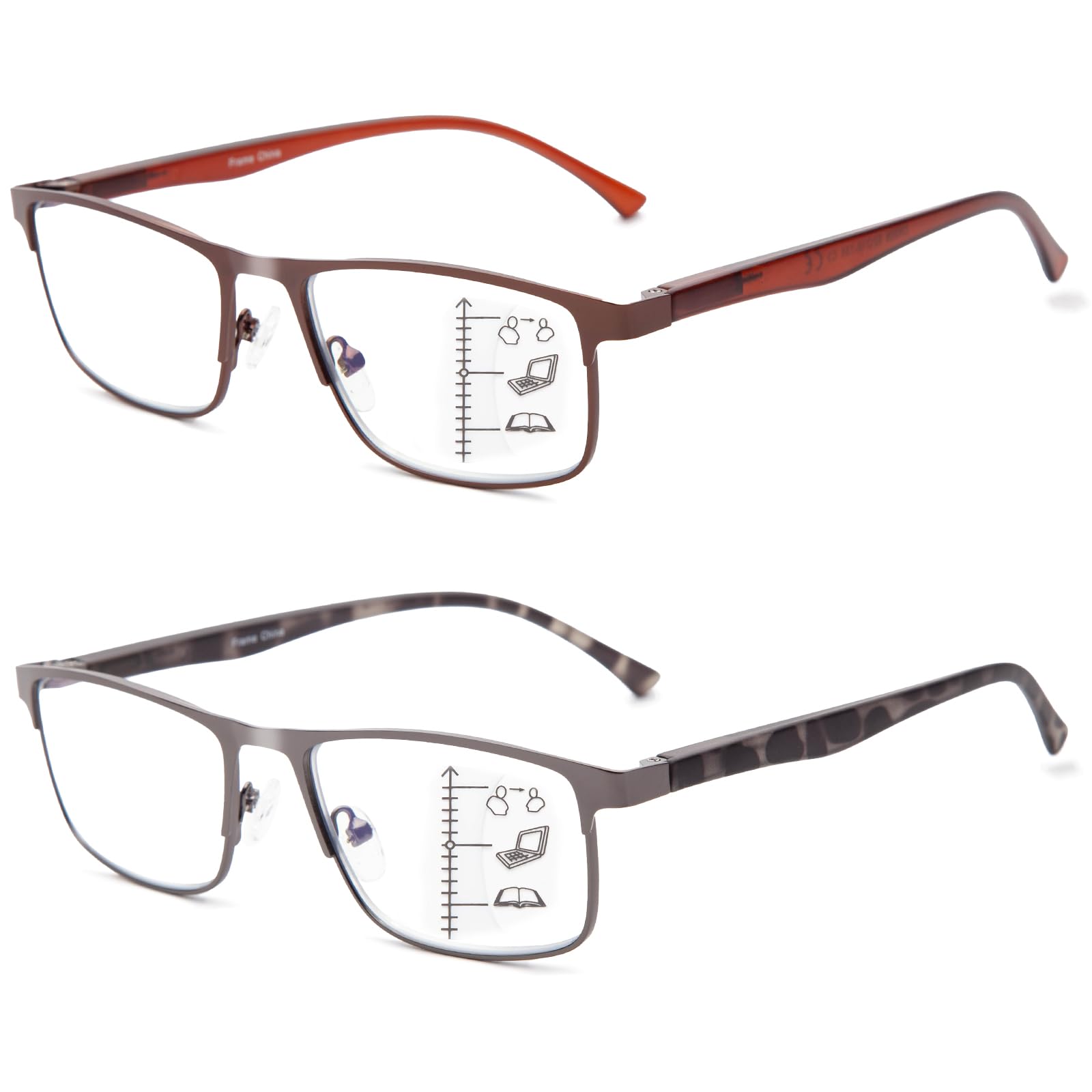 2 Pack Progressive Multifocus Reading Glasses Men Women Metal Frame Blue Light Blocking Computer Readers Eyeglasses