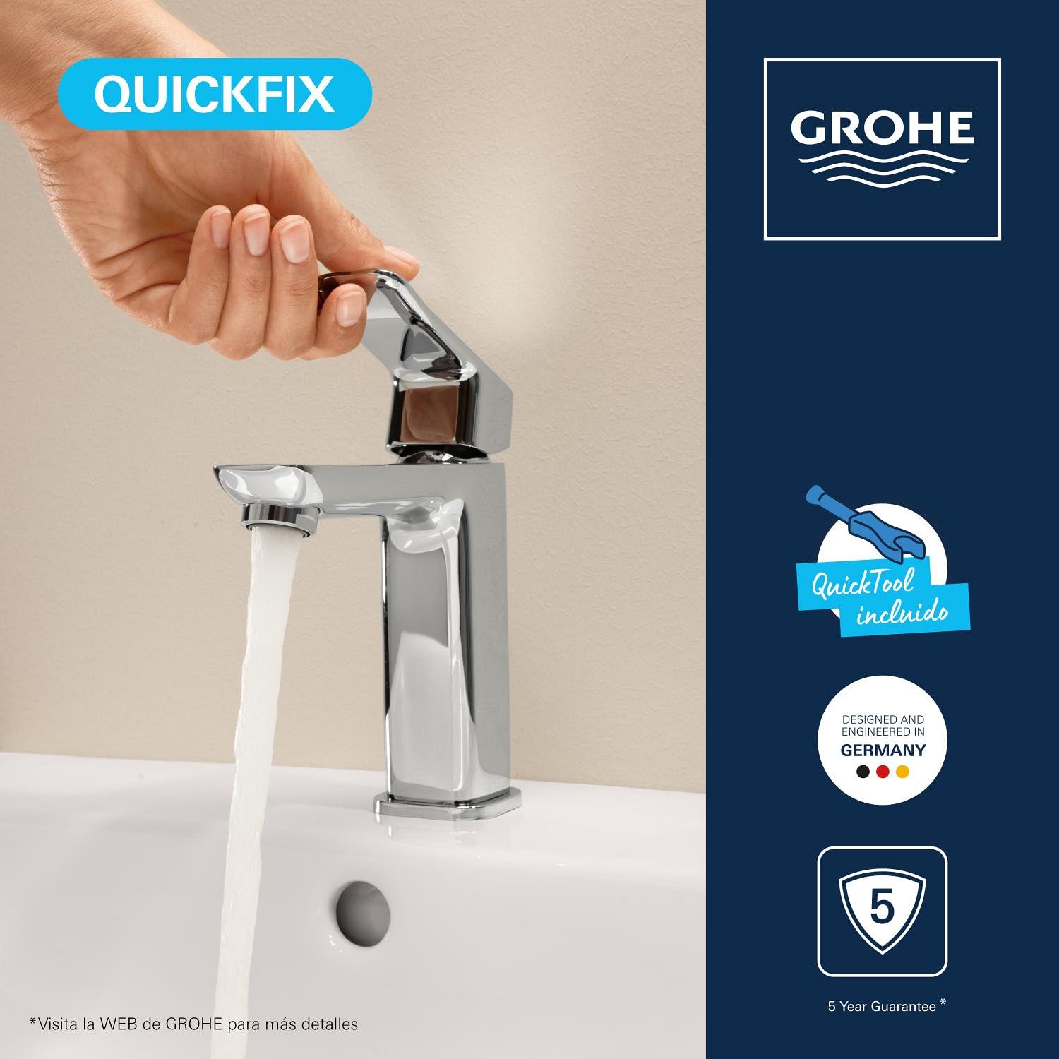 GROHE Dice Grifo Monomando de Lavabo M con Desagüe Push-Open (Cartucho Cerámico 28 mm, Ahorro de Agua, Conexiones 3/8", Fácil de Instalar QuickTool Incluido), Cromado, 1018330000