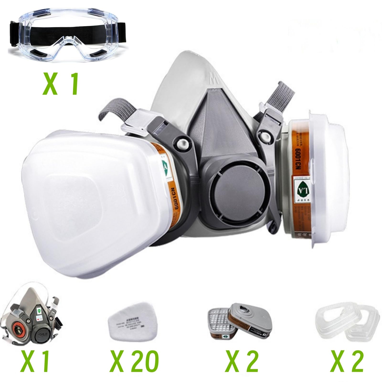 Maschera Respiratoria con Occhiali Protettivi, 20 Filtri Sostituibili, Kit Protezione Professionale per Verniciatura e Polveri